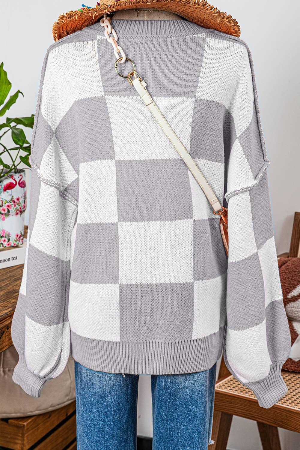 Fashion-W Checkered Bishop Sleeve Sweater*S-2XL