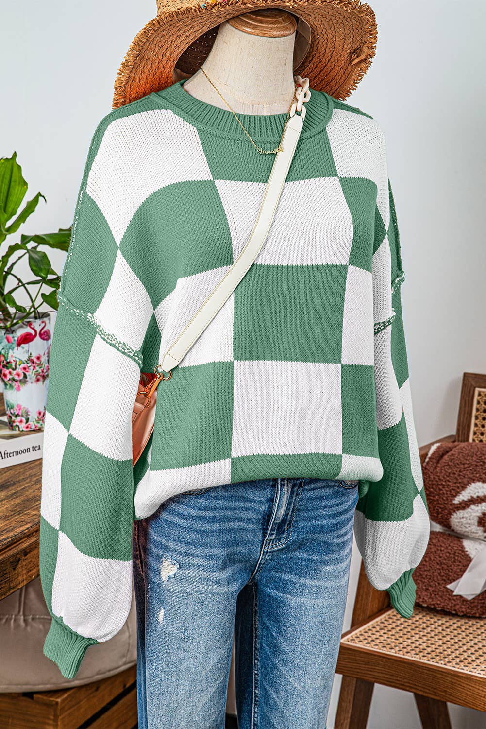 Fashion-W Checkered Bishop Sleeve Sweater*S-2XL