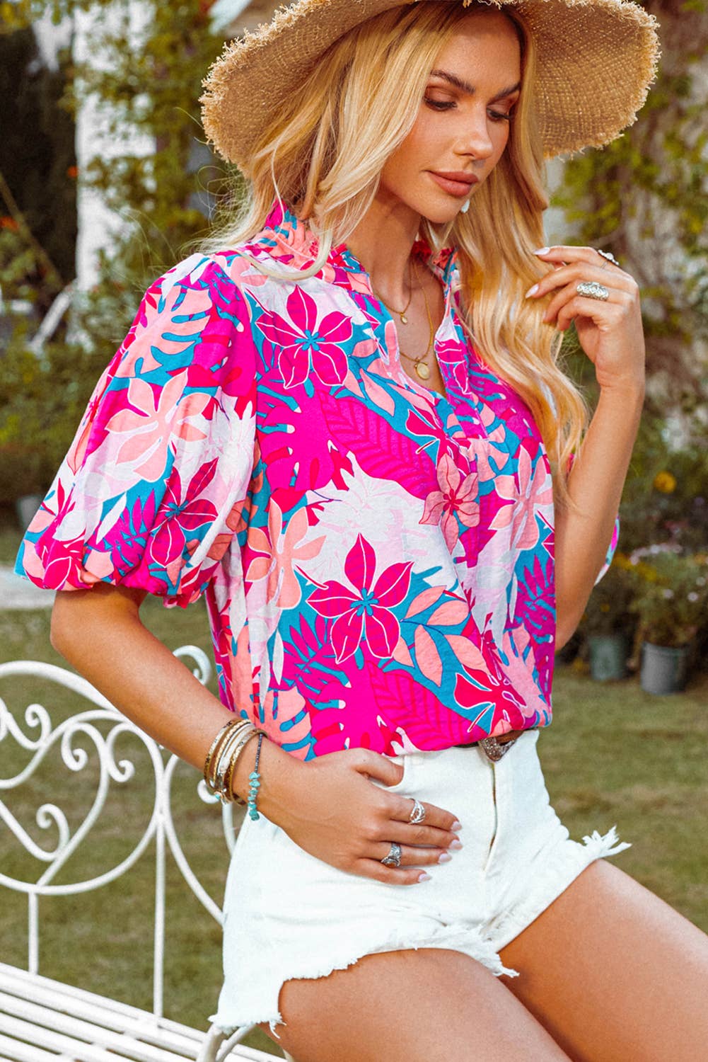 Fashion-W Tropical Plant Printed V Neck Puff Sleeve Blouse