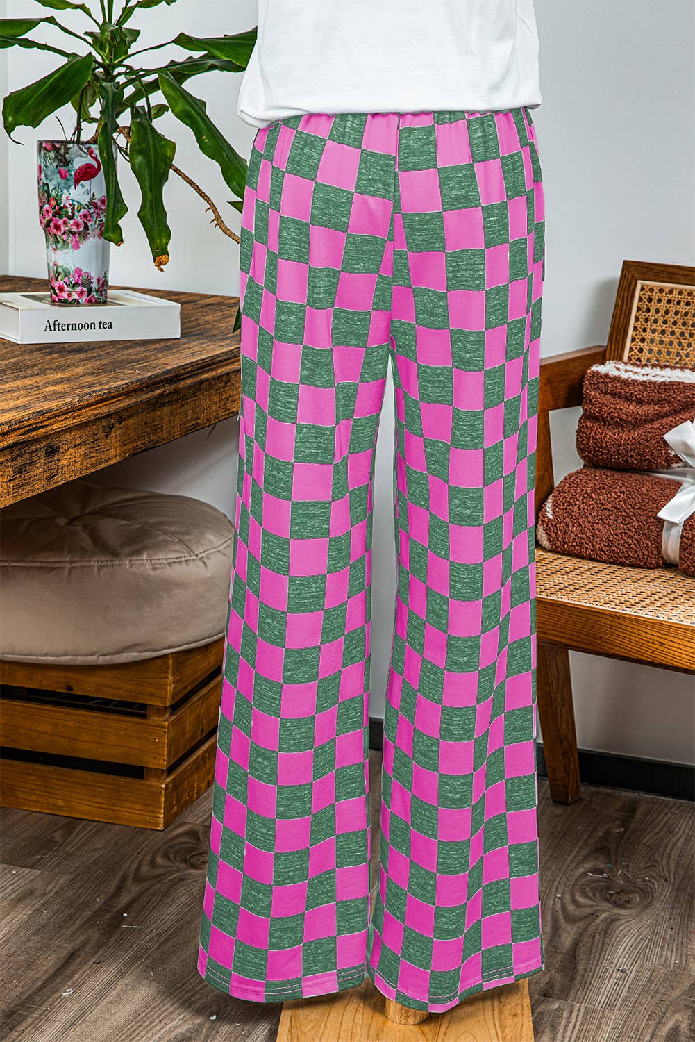 Fashion-W 2-Tone Checked Print High Waist Wide Leg Pants