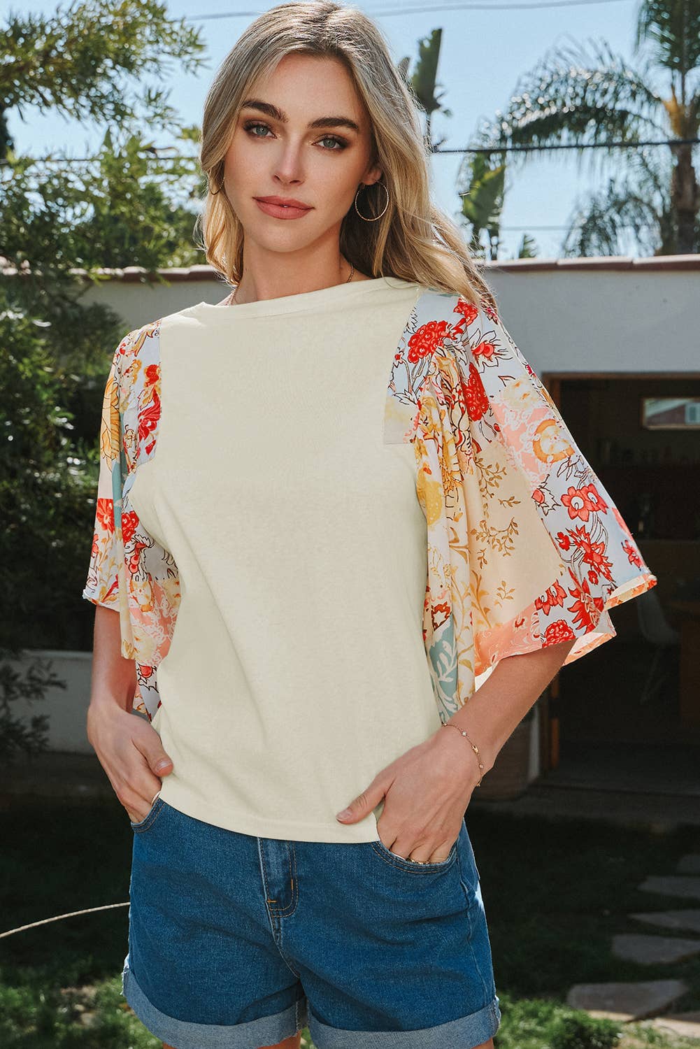 Fashion-W Floral Patchwork Half Batwing Sleeve Blouse