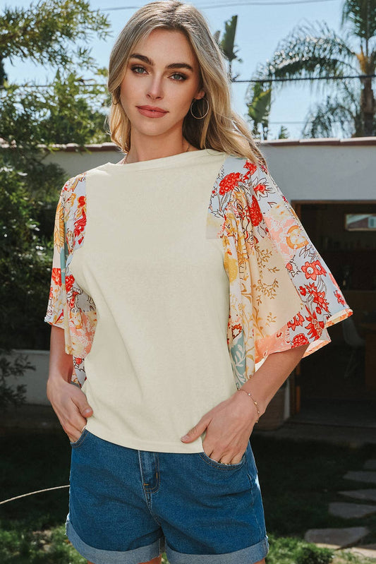 Fashion-W Floral Patchwork Half Batwing Sleeve Blouse