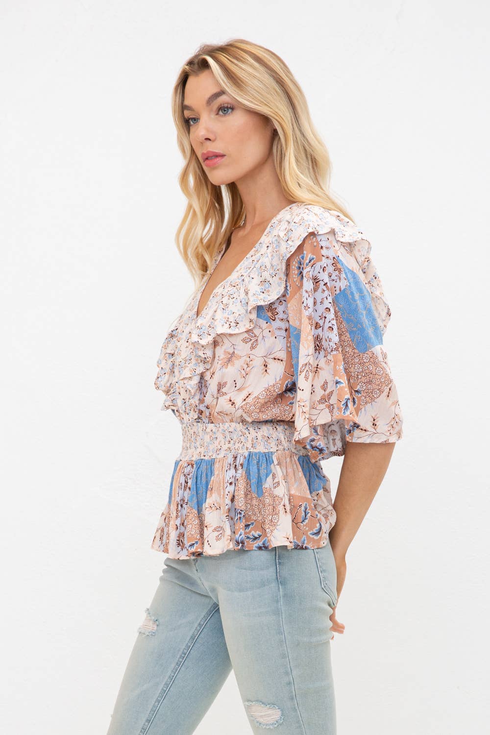 31693T - Floral Smocked Waist Ruffle Blouse Button Detail