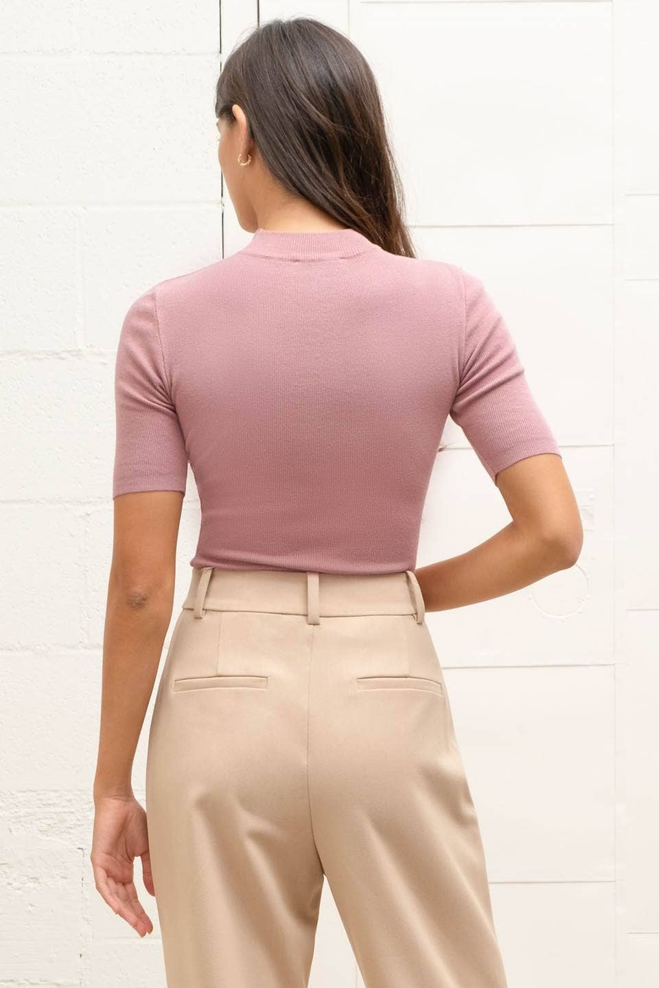 SHORT SLEEVE MOCK NECK SWEATER KNIT TOP