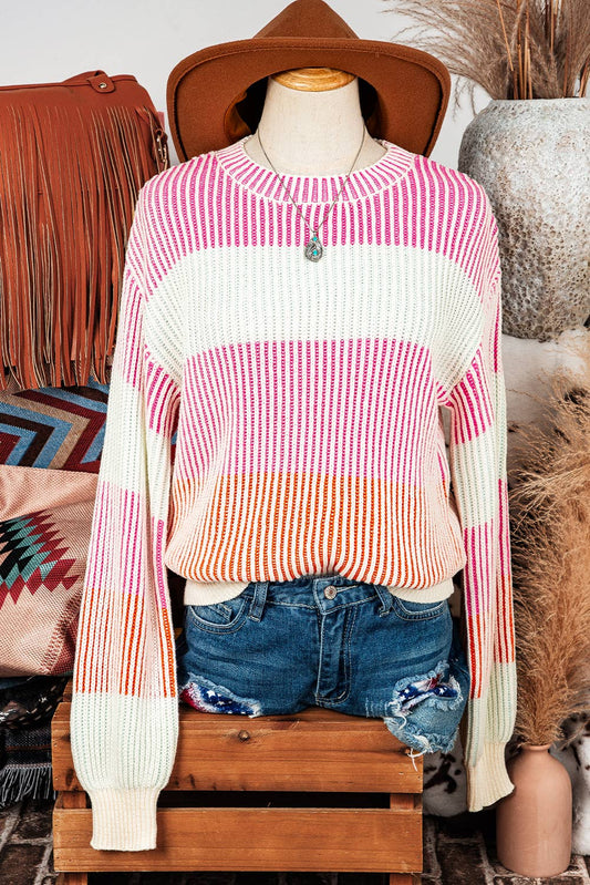 Fall Colorblock Textured Knit Bubble Sleeve Sweater