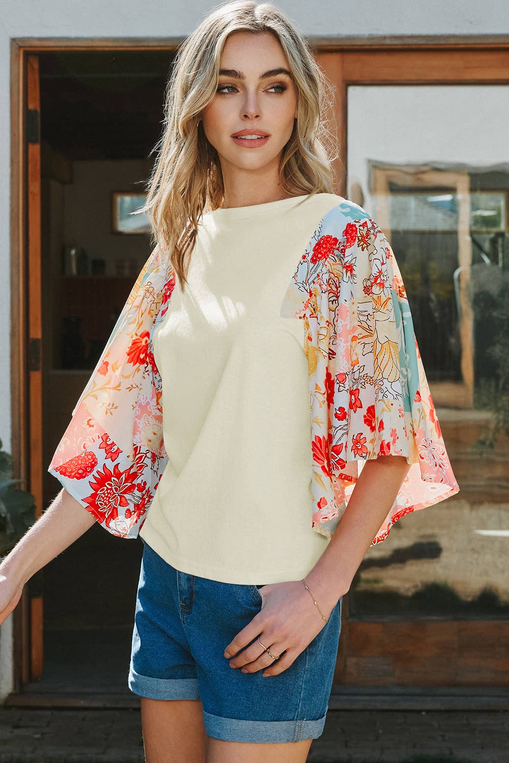 Fashion-W Floral Patchwork Half Batwing Sleeve Blouse