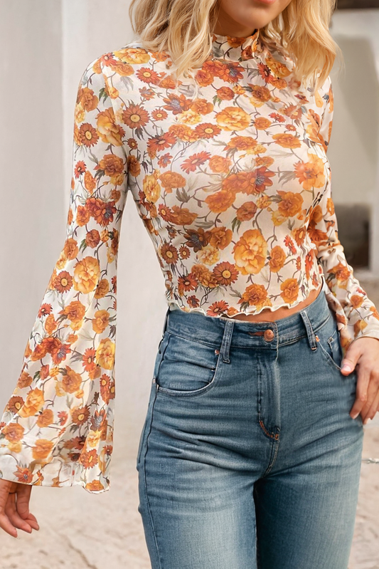 LDC Floral Printed Bell Sleeve Mock Neck Scallop Trim Blouse