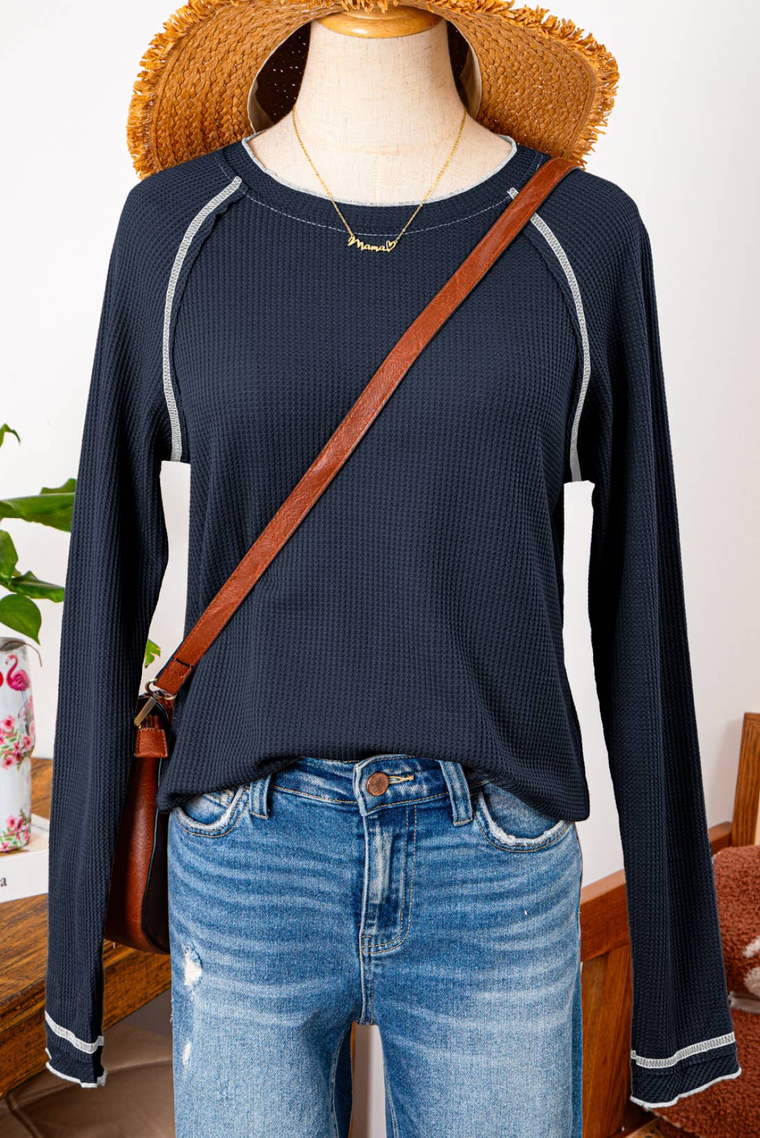 Fall Clothing Textured Round Neck Long Sleeve Top Blouse