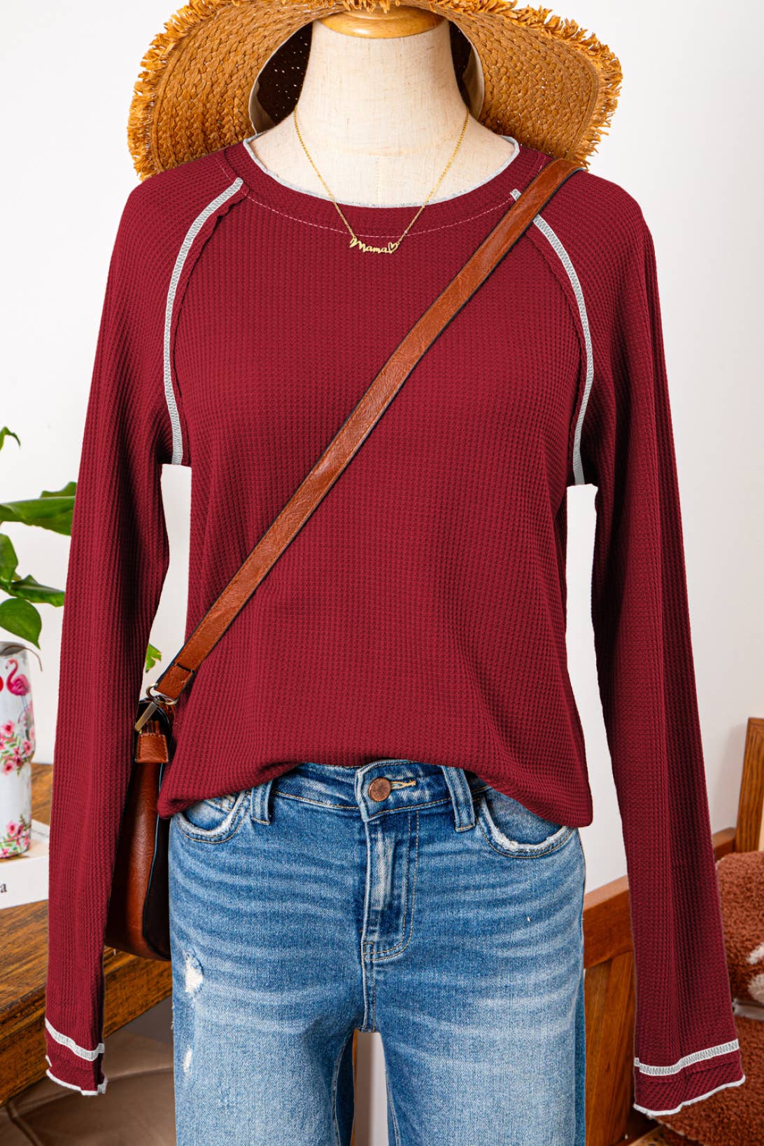 Fall Clothing Textured Round Neck Long Sleeve Top Blouse