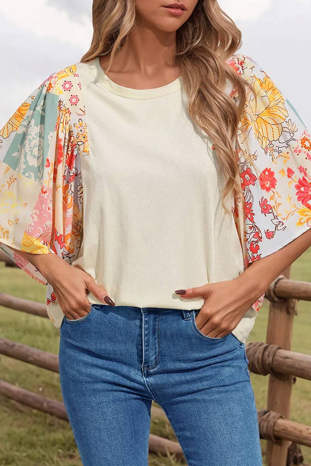 Fashion-W Floral Patchwork Half Batwing Sleeve Blouse