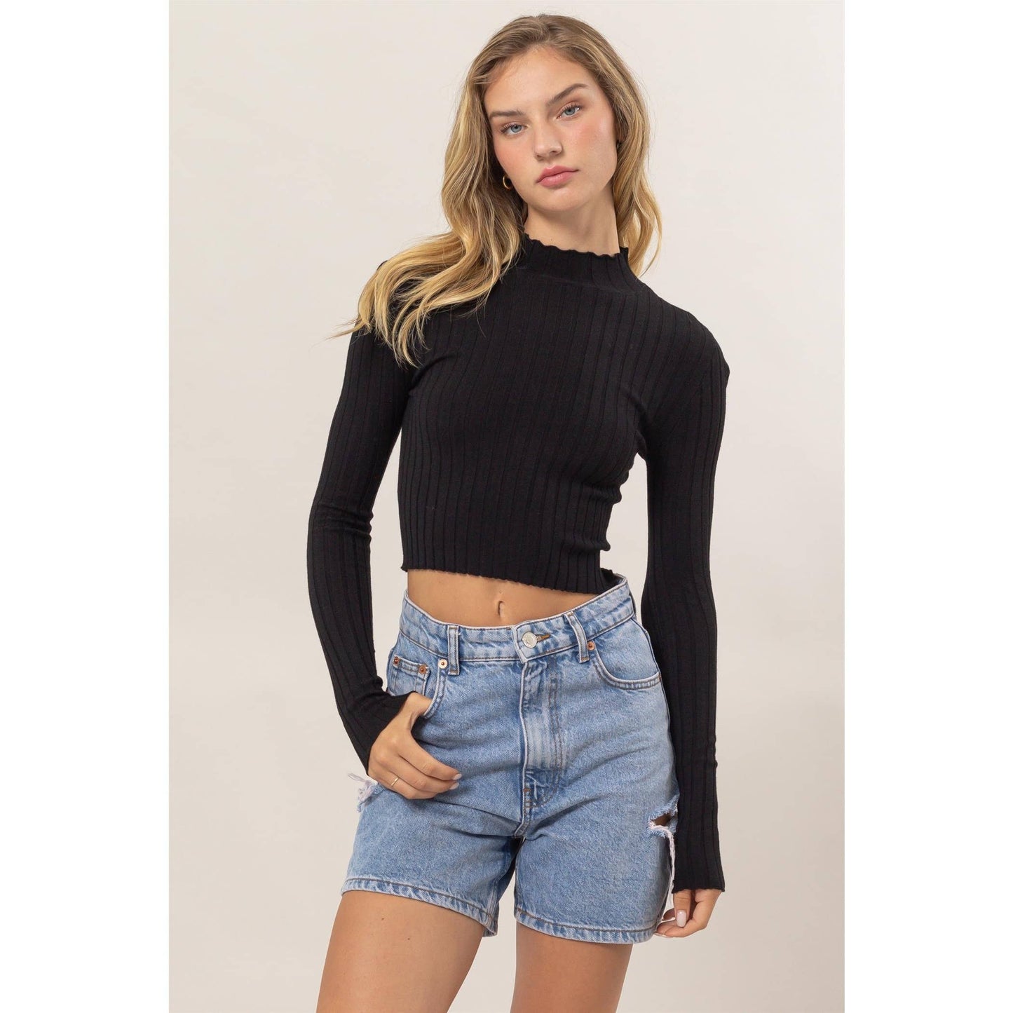 DZ24E451-MOCK NECK RIBBED KNIT CROP TOP
