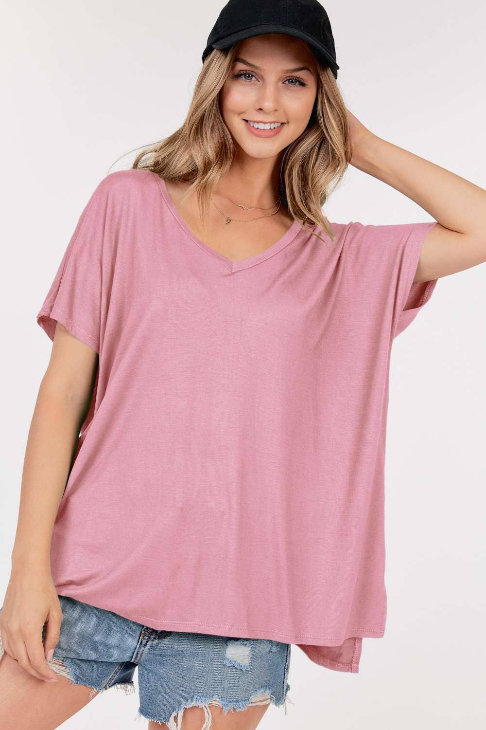 Basic Short Sleeve V Neck Boxy Top