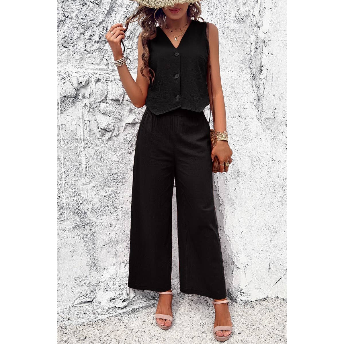 Sleeveless Button Deep V Neck Pockets Solid Sets