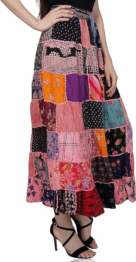 Women's Hippie Patchwork Vintage Bohemian Long Skirt Maxi