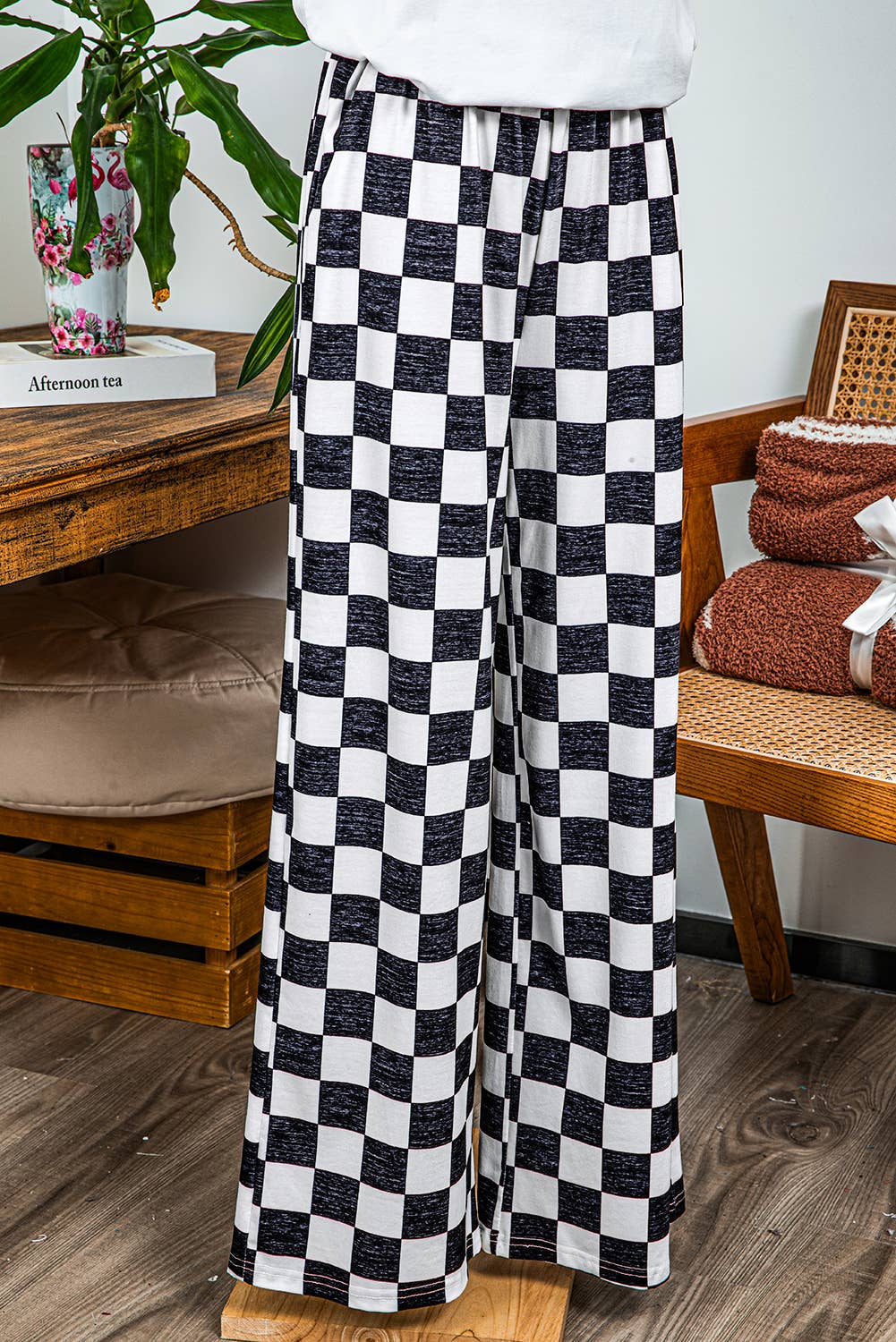 Fashion-W 2-Tone Checked Print High Waist Wide Leg Pants