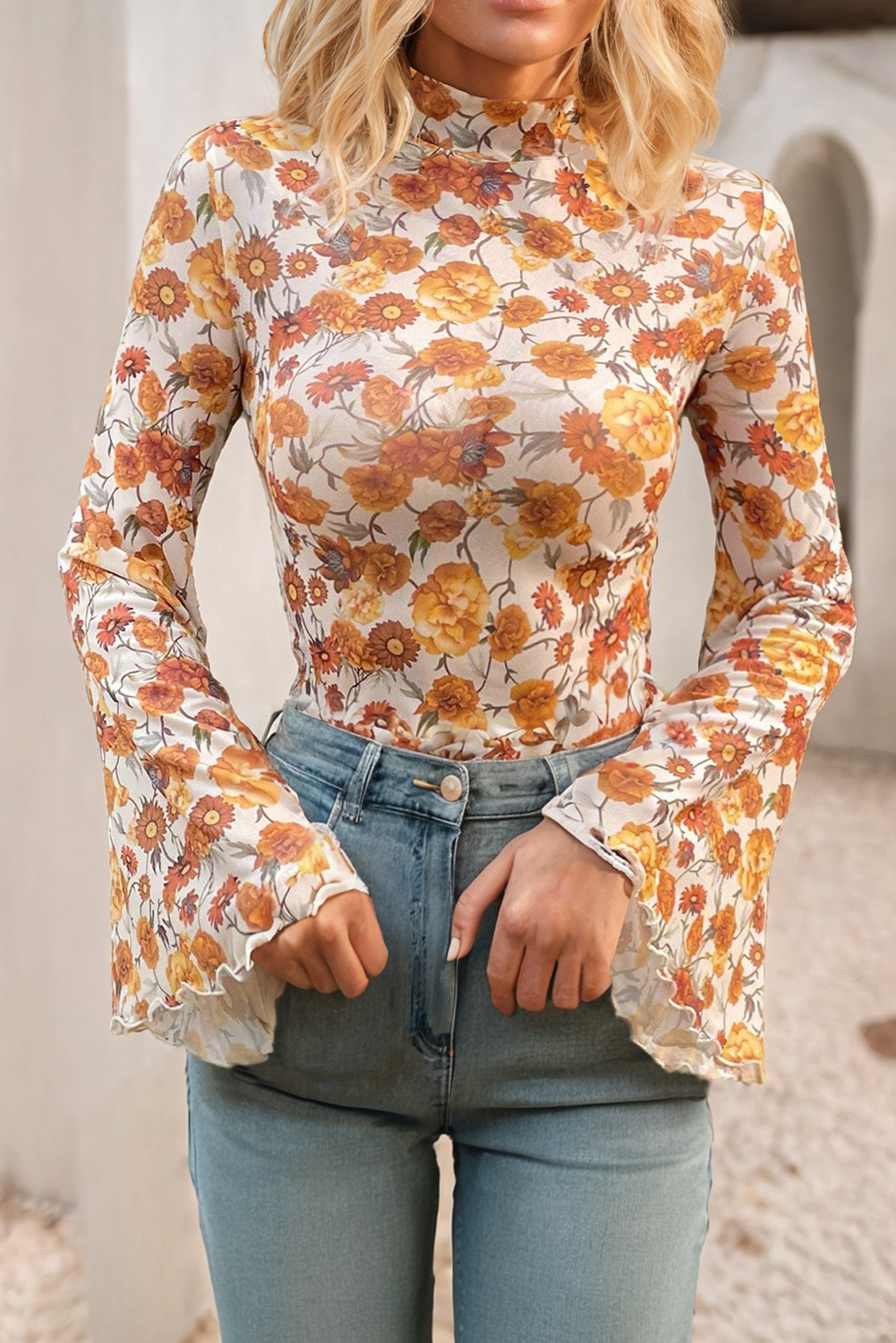 LDC Floral Printed Bell Sleeve Mock Neck Scallop Trim Blouse
