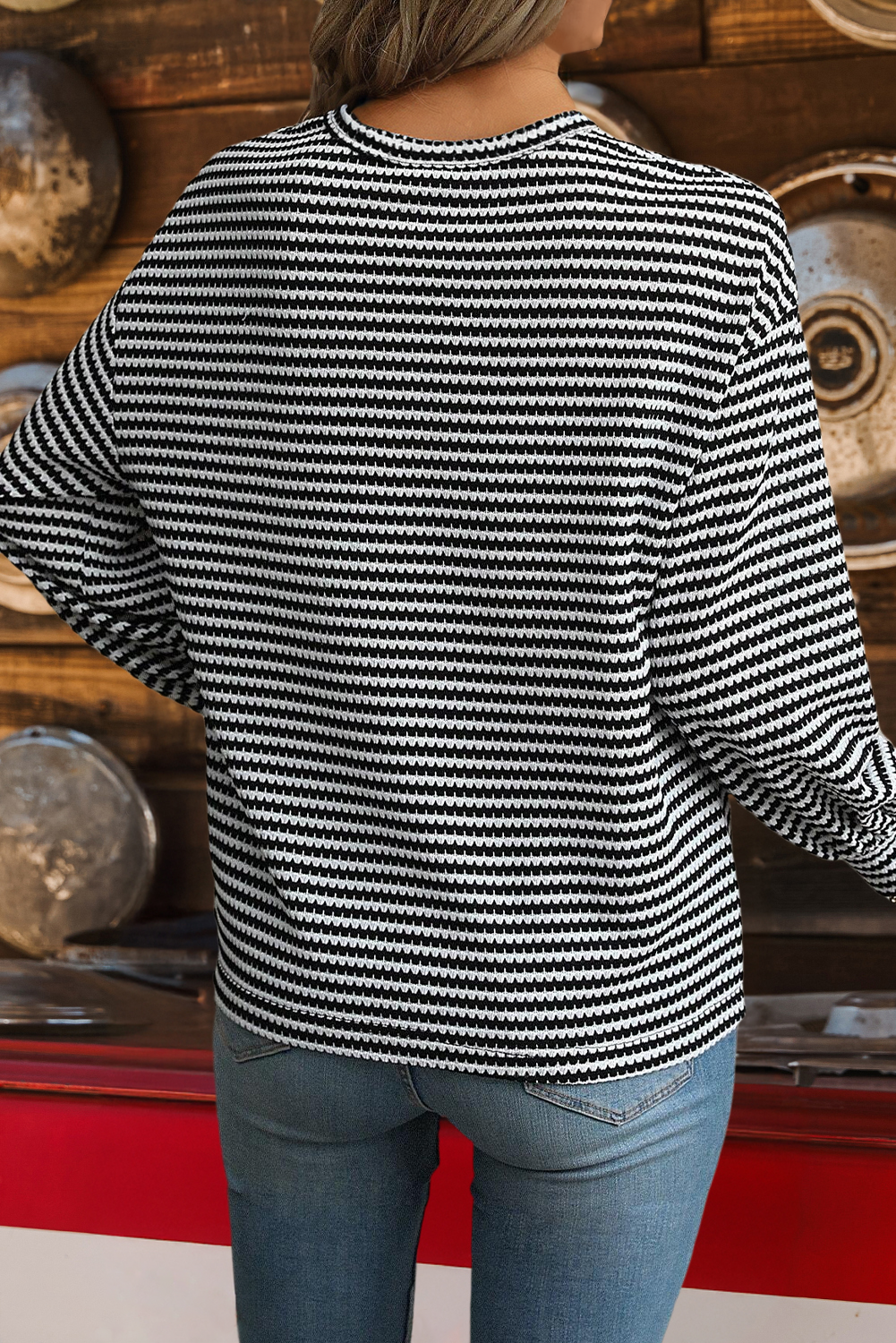 Fall Stripe Round Neck Drop Shoulder Long Sleeve Top*S-3XL