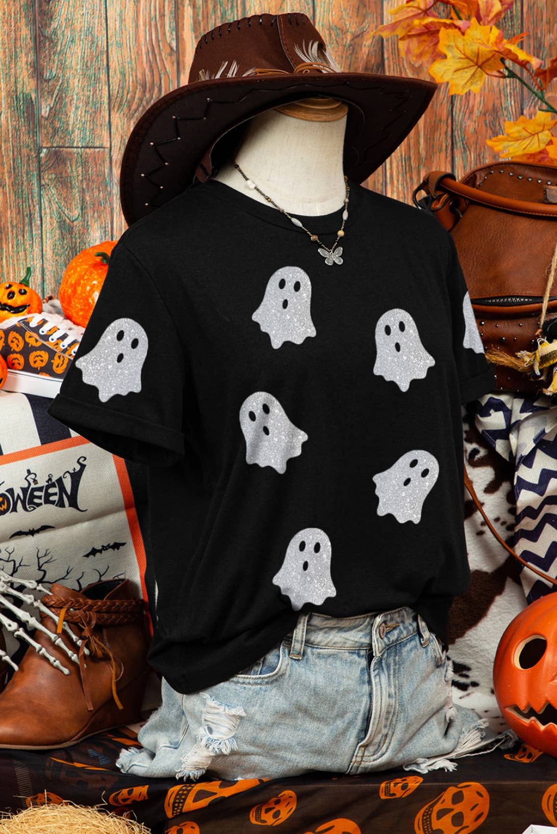 Fall Glitter Ghost Graphic Crew Neck Halloween T Shirt