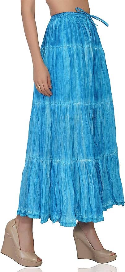 Women's Hippie Bohemian Gypsy Crinkle Tie Dye Long Skirt (Co