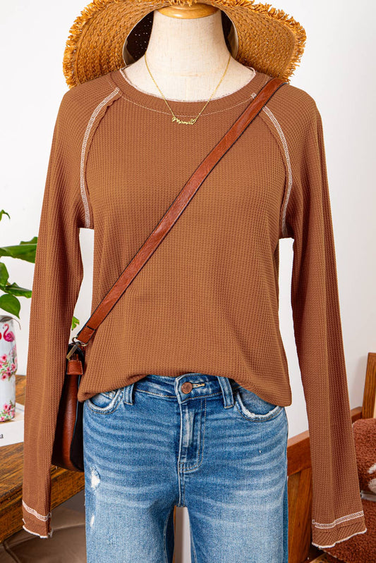 Fall Clothing Textured Round Neck Long Sleeve Top Blouse