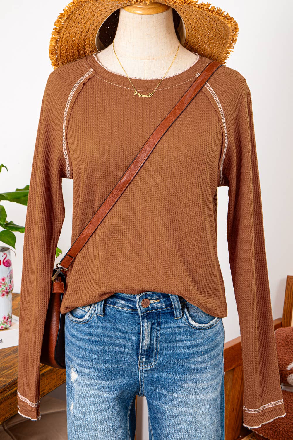 Fall Clothing Textured Round Neck Long Sleeve Top Blouse