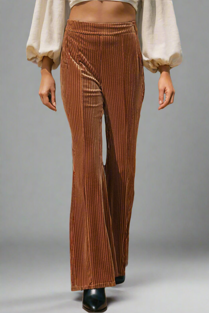 Fashion-W Solid Color High Waist Flare Corduroy Pants
