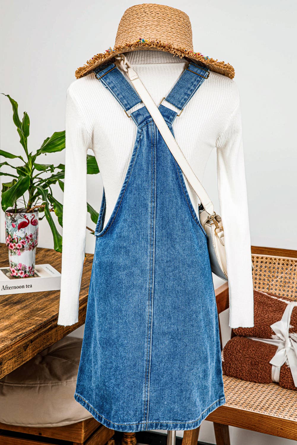 Western Wide Strap Button Front Pocketed Denim Mini Dress