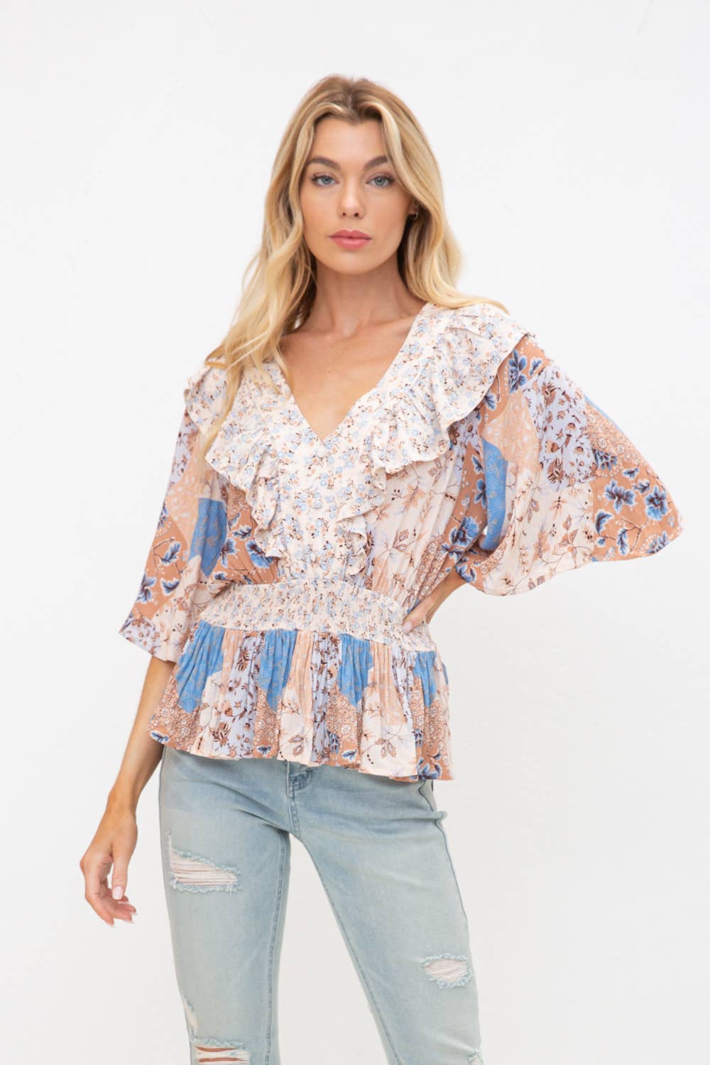 31693T - Floral Smocked Waist Ruffle Blouse Button Detail