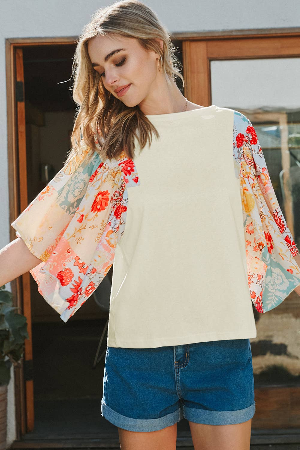 Fashion-W Floral Patchwork Half Batwing Sleeve Blouse
