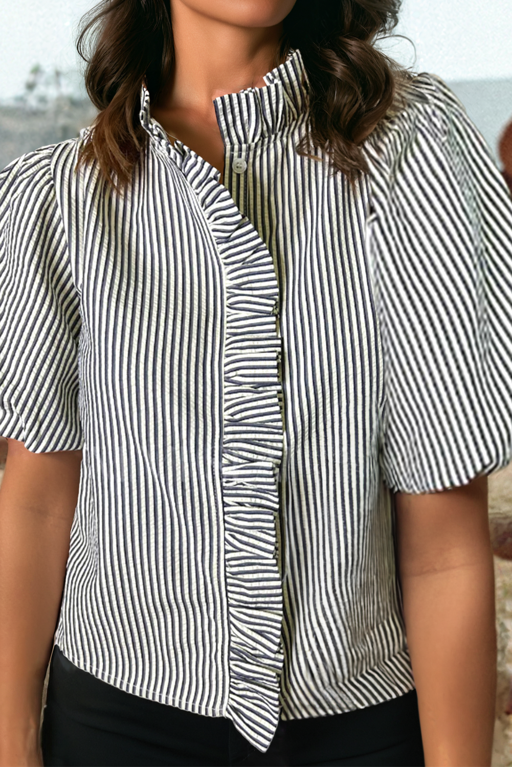 Fashion-W Striped Ruffle Short Bubble Sleeve Shirt