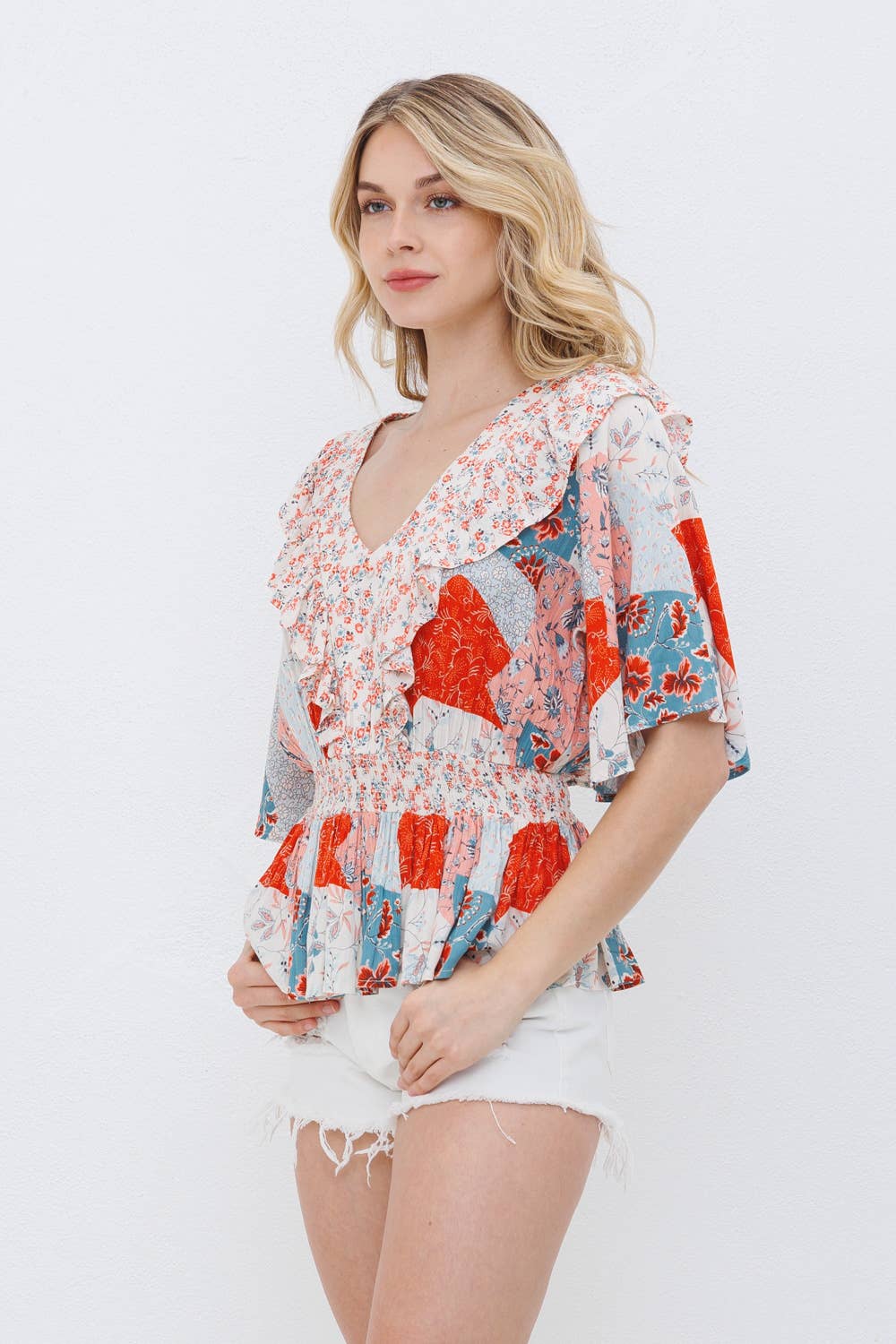 31693T - Floral Smocked Waist Ruffle Blouse Button Detail