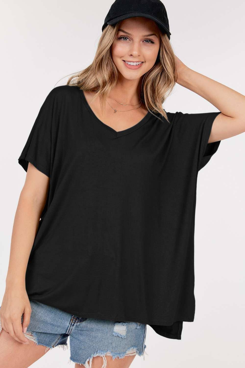 Basic Short Sleeve V Neck Boxy Top