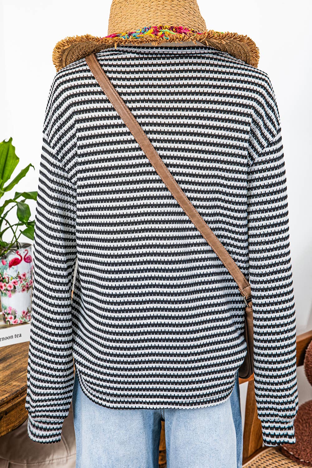 Fall Stripe Round Neck Drop Shoulder Long Sleeve Top*S-3XL