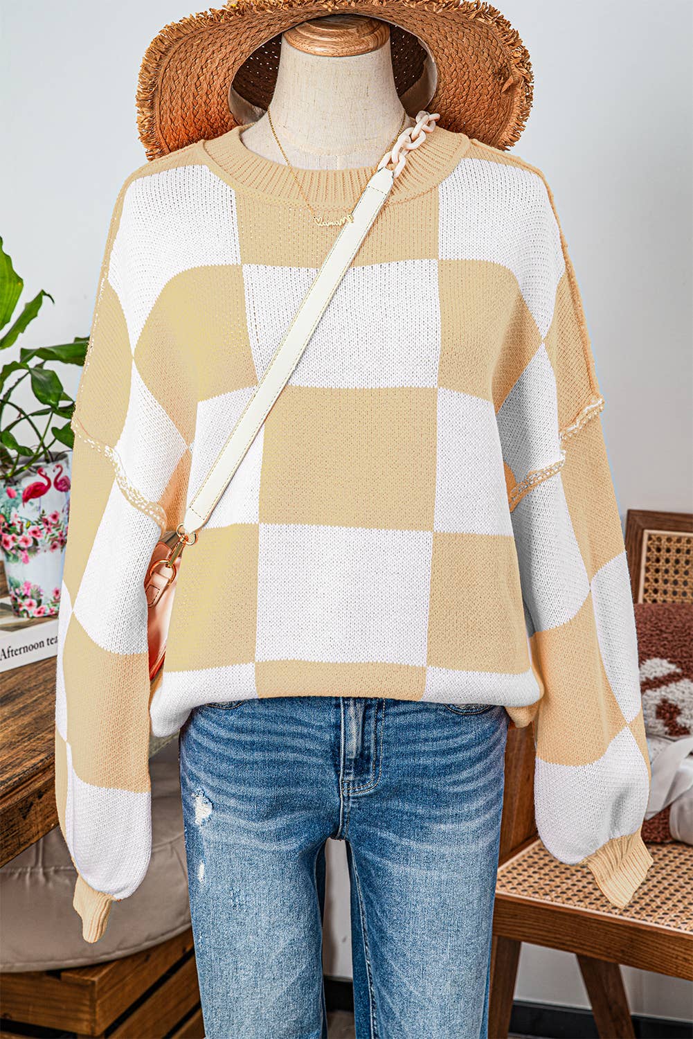 Fashion-W Checkered Bishop Sleeve Sweater*S-2XL