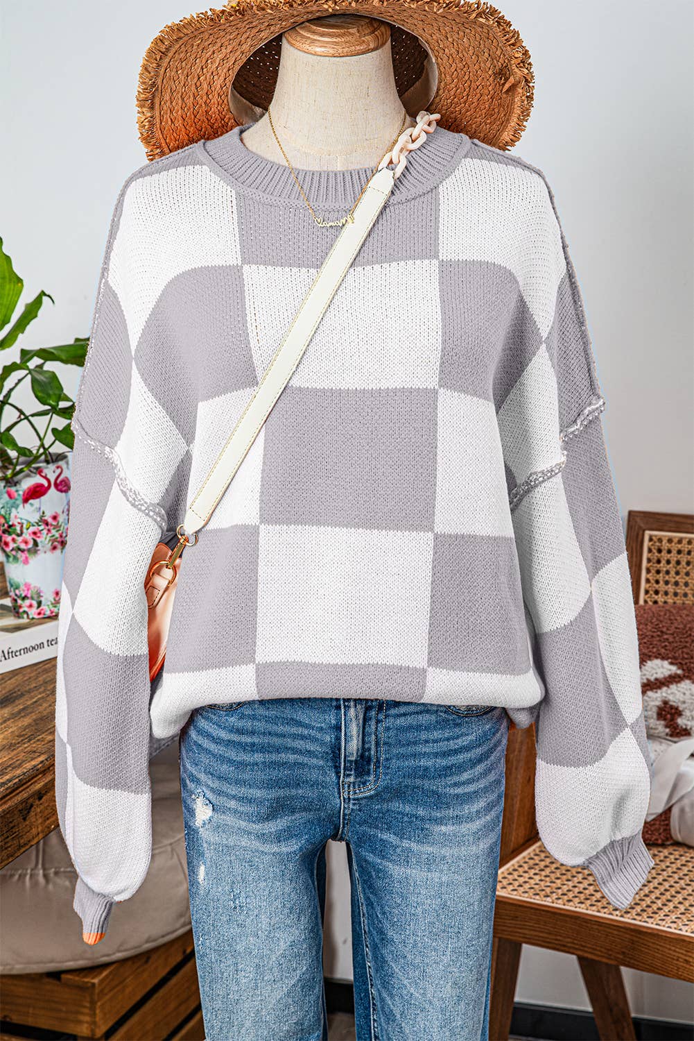 Fashion-W Checkered Bishop Sleeve Sweater*S-2XL