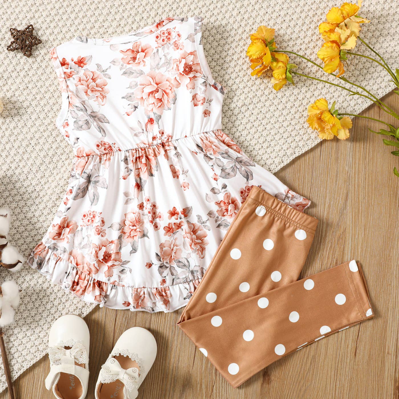 🌸 Toddler Girl Floral Ruffle Top & Polka Dot Leggings Set