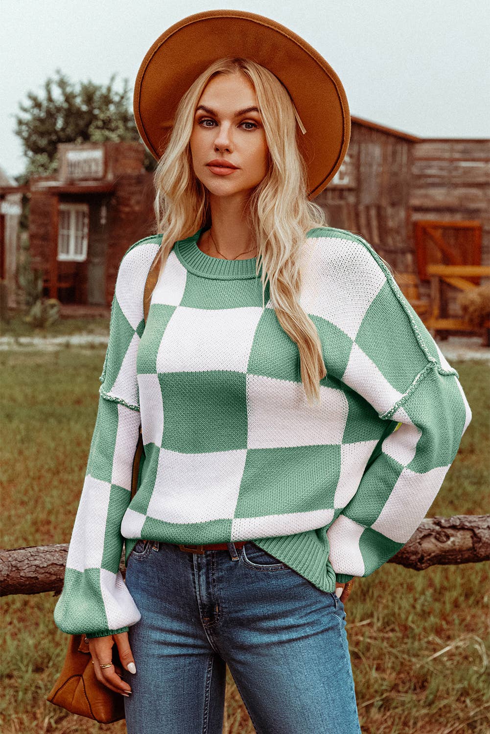 Fashion-W Checkered Bishop Sleeve Sweater*S-2XL