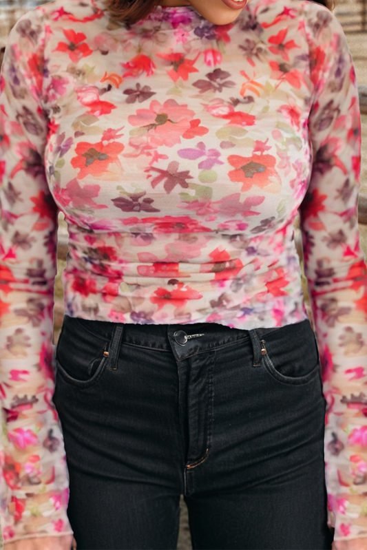 Fashion-W Floral Print Long Sleeve Slim Fit Mesh Top