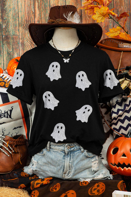 Fall Glitter Ghost Graphic Crew Neck Halloween T Shirt