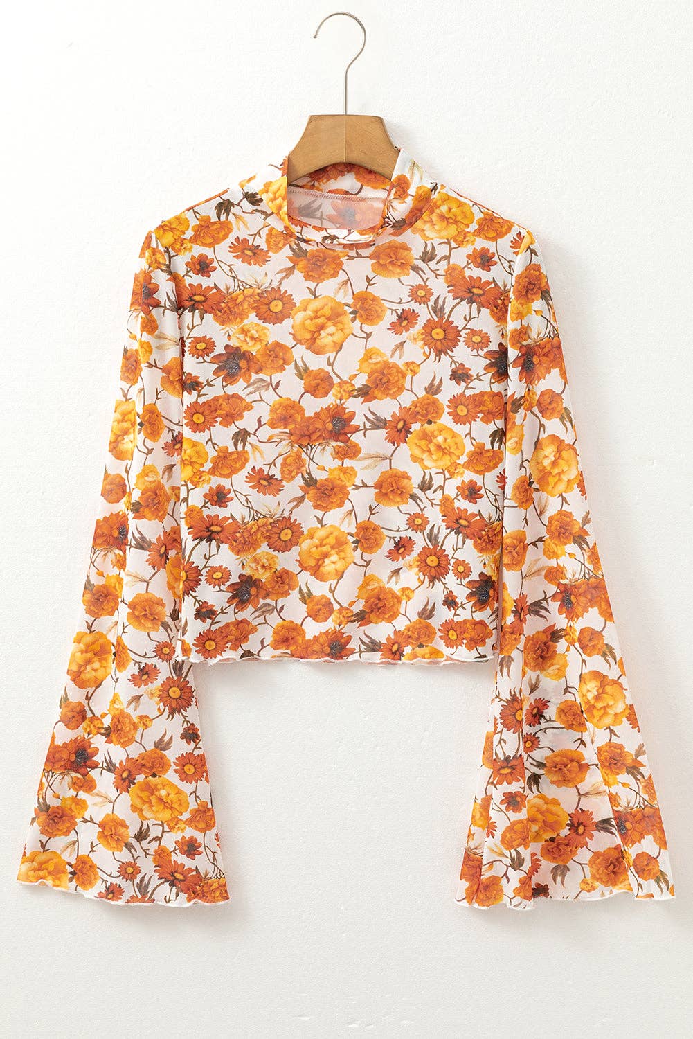 Floral Mesh Bell Sleeve Blouse