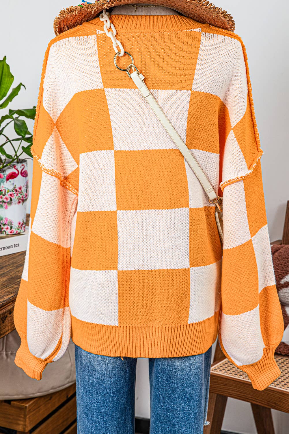 Fashion-W Checkered Bishop Sleeve Sweater*S-2XL