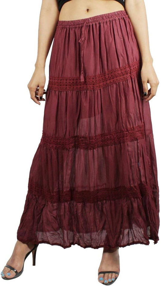 Womens Cotton Lace & Ribbon Tier Boho Long Maxi Skirt Maroon