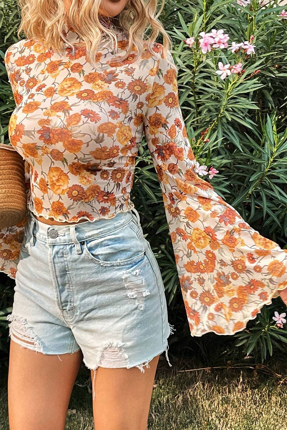 Floral Mesh Bell Sleeve Blouse