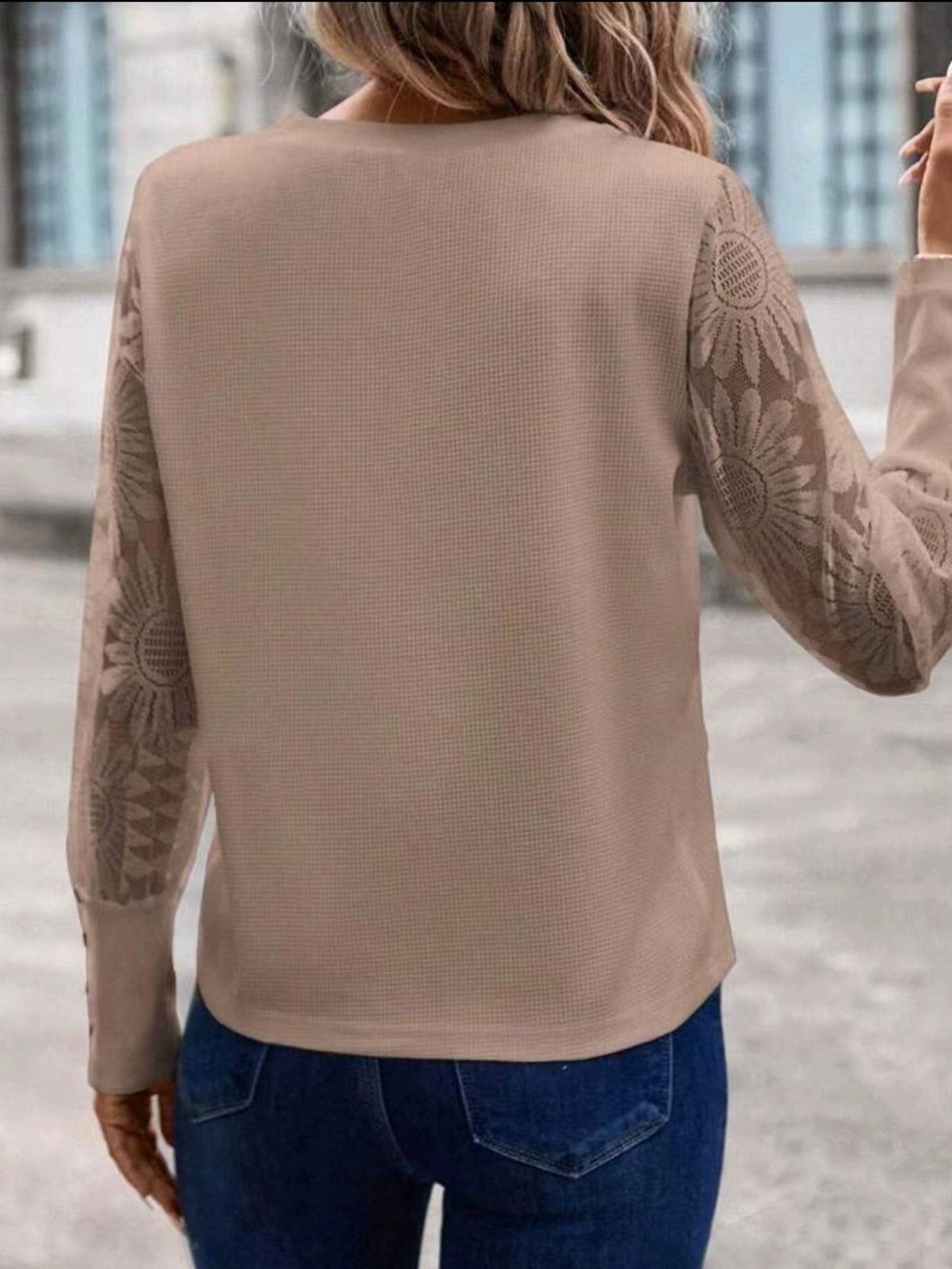 Waffle Button Patchwork Lace Top