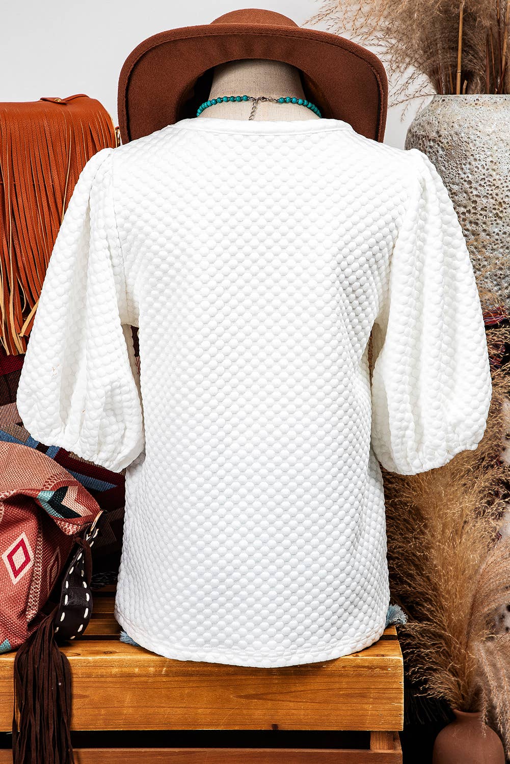 Fashion-W Textured O Neck Puff Sleeve Blouse