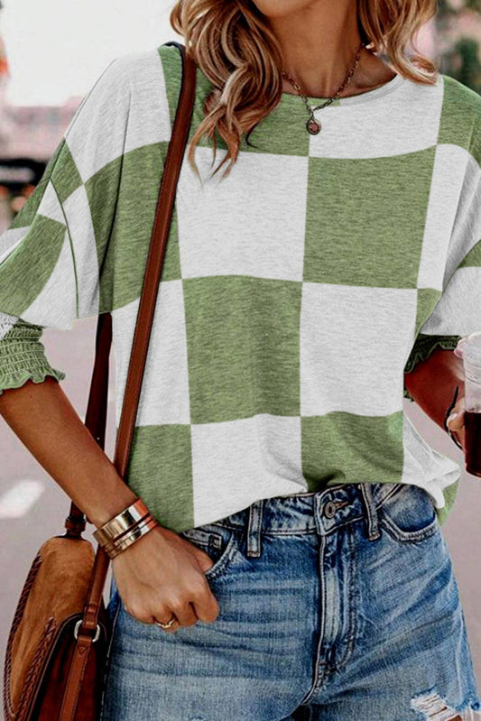 Checkered Shirred Cuffs Blouse