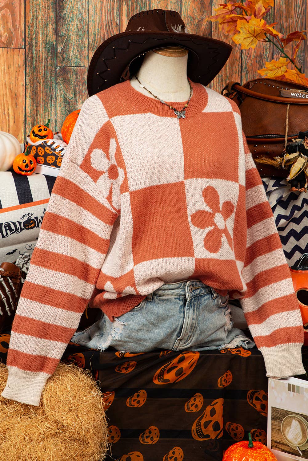 Fashion-W Fall Checker Floral Stripe Sweater*S-2XL