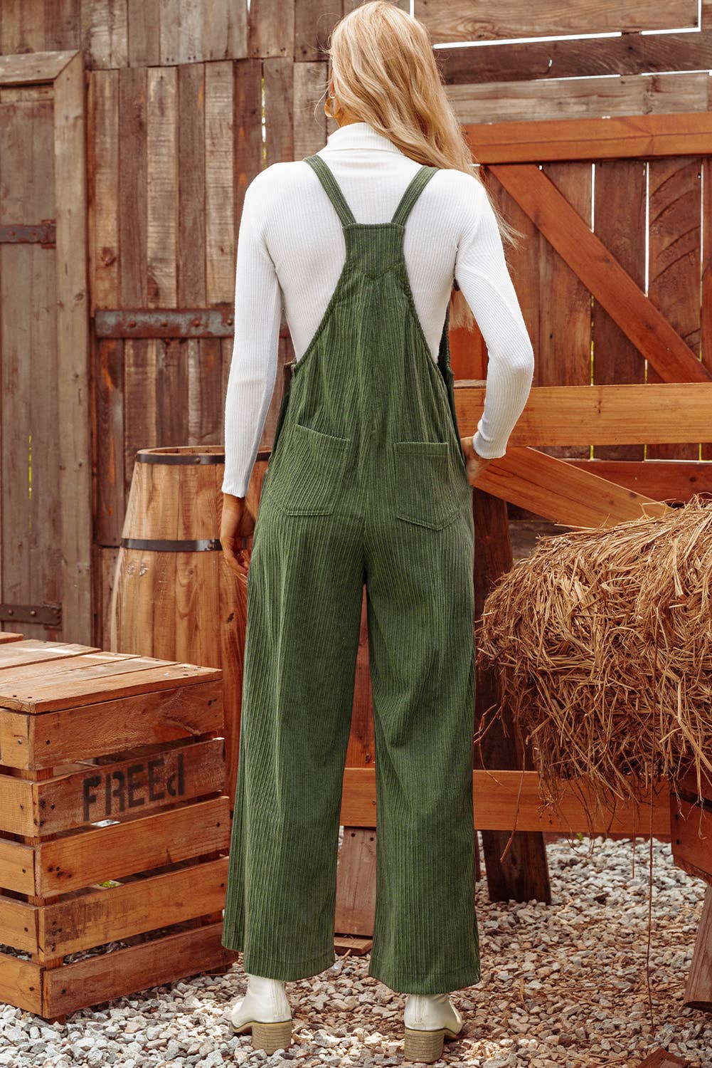Fashion-W Fall Solid Pocketed Loose Fit Corduroy Overall