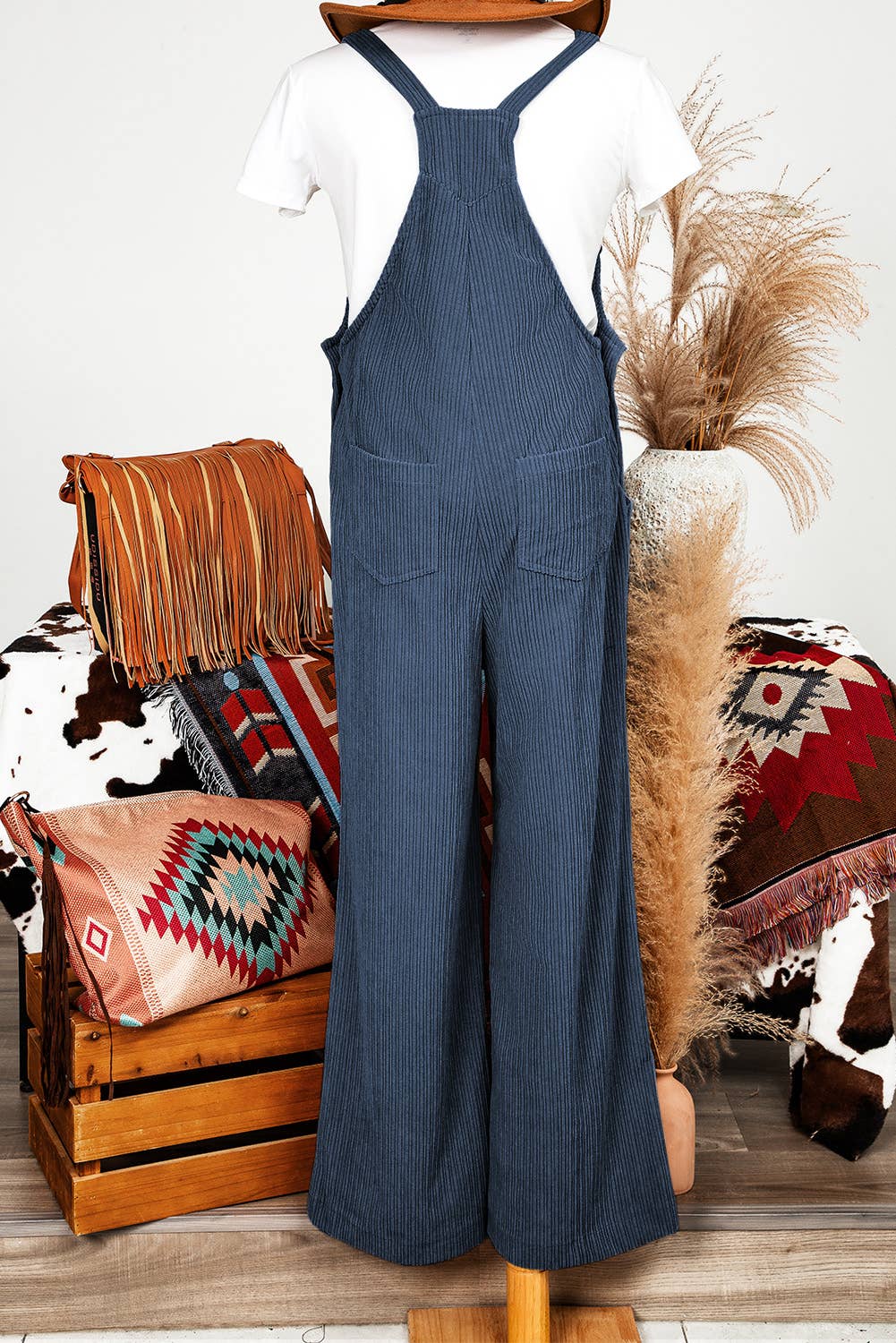 Fashion-W Fall Solid Pocketed Loose Fit Corduroy Overall