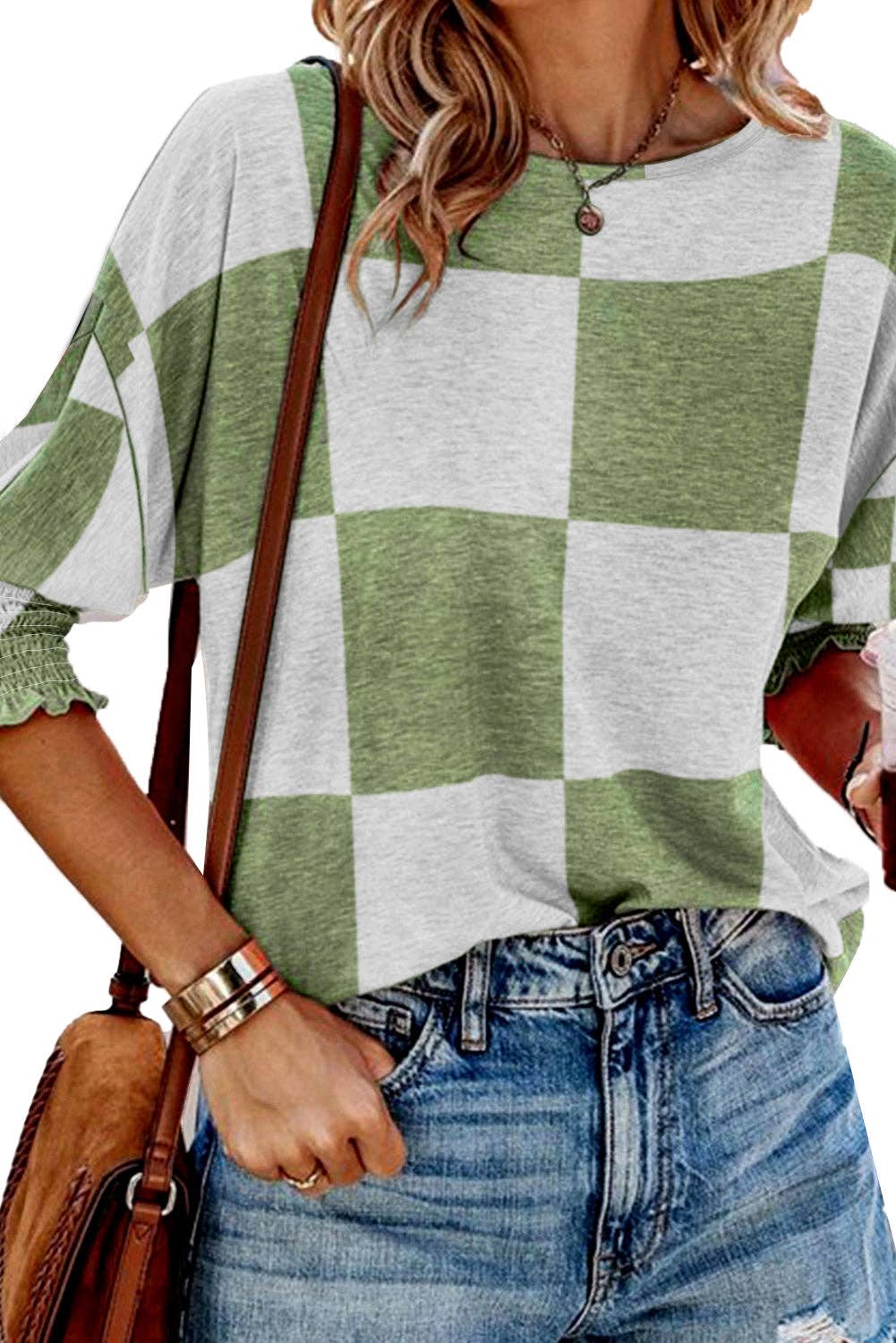 Checkered Shirred Cuffs Blouse